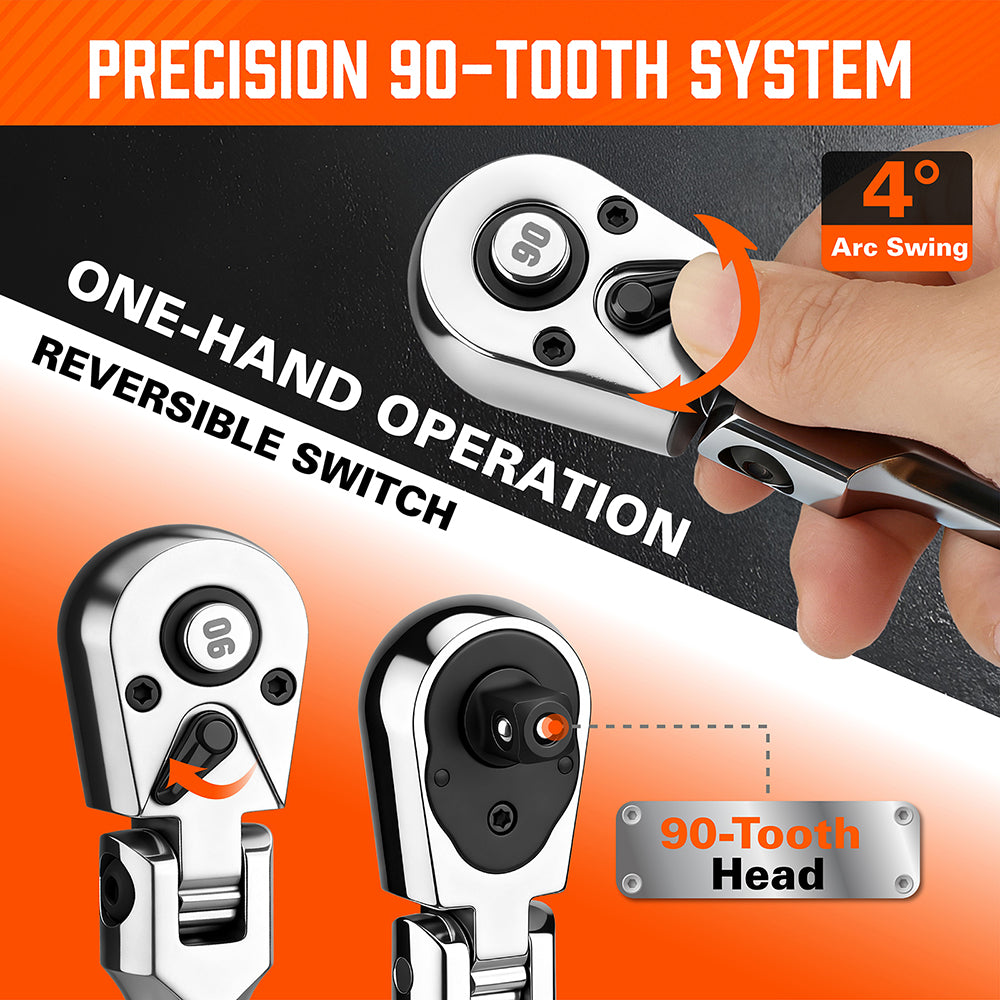 10-piece 90-tooth flex-head ratchet handle set with adapters and extension bars for automotive and mechanical work