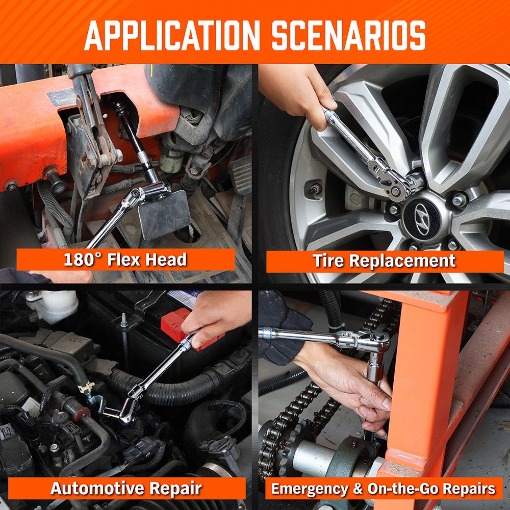 10-piece 90-tooth flex-head ratchet handle set with adapters and extension bars for automotive and mechanical work