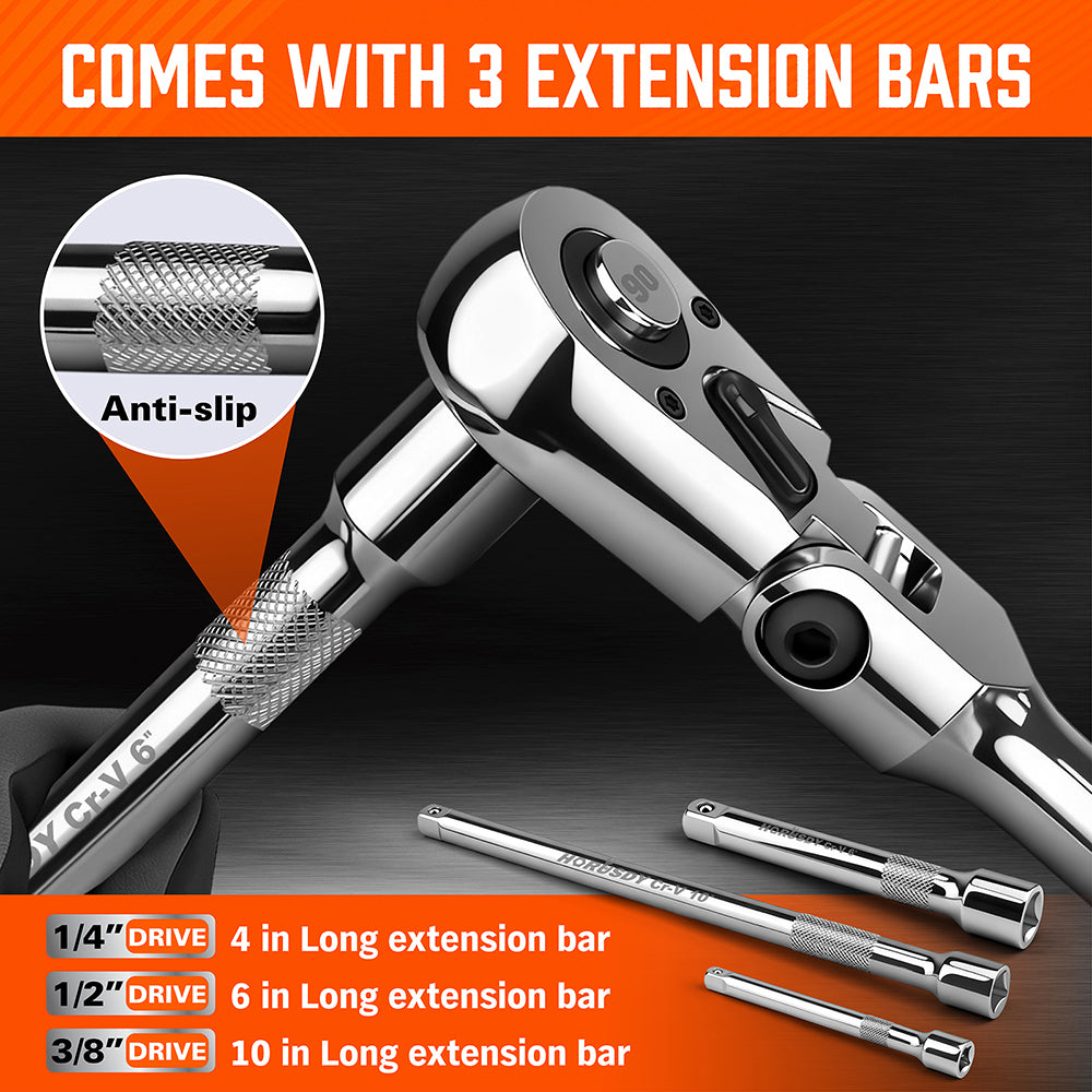 10-piece 90-tooth flex-head ratchet handle set with adapters and extension bars for automotive and mechanical work