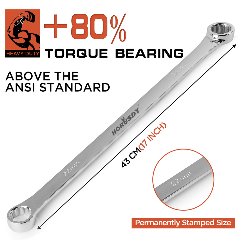 HORUSDY extra-long box end wrench set 9-24mm, 10pcs double ring spanner kit for automotive, bike, and mechanical repair
