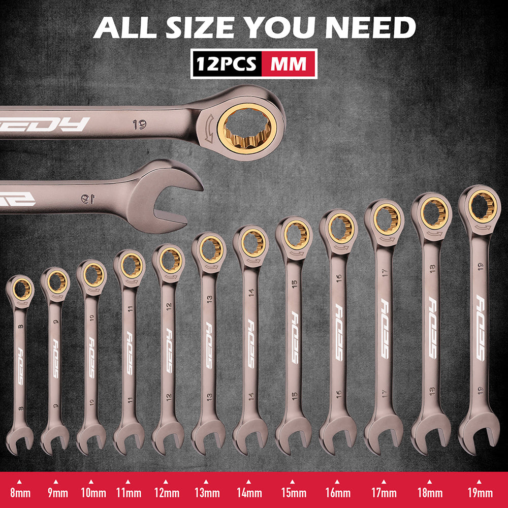12-piece metric ratcheting wrench set with CR-V steel, 72-tooth design and magnetic storage rack