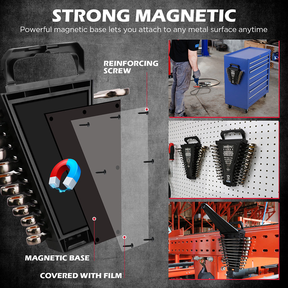 12-piece metric ratcheting wrench set with CR-V steel, 72-tooth design and magnetic storage rack