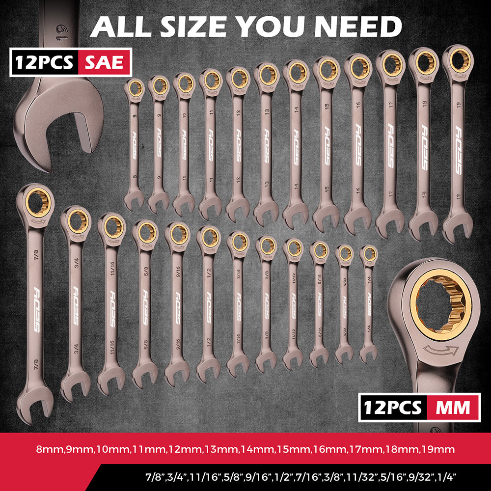 SEDY 24-piece metric and SAE ratcheting combination wrench set with CR-V steel and magnetic storage racks