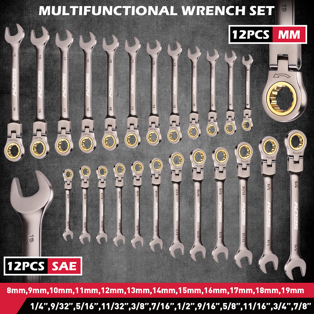 flex head ratcheting wrench set SAE and metric with 72 tooth design and magnetic storage tray