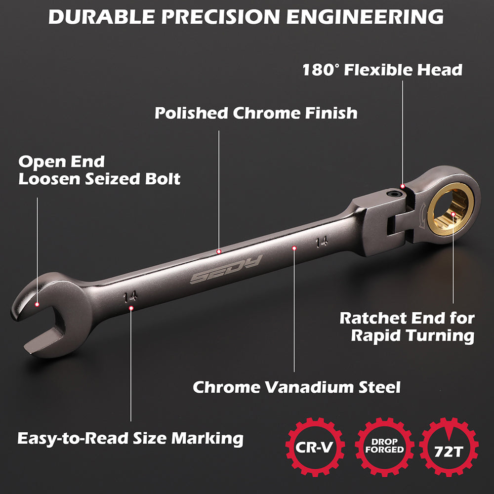 flex head ratcheting wrench set SAE and metric with 72 tooth design and magnetic storage tray