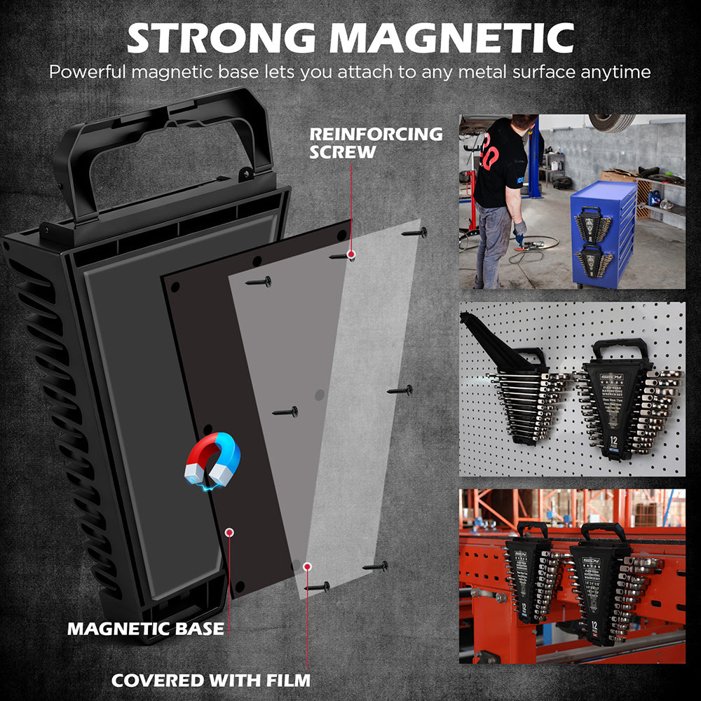 flex head ratcheting wrench set SAE and metric with 72 tooth design and magnetic storage tray