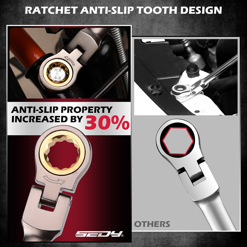 flex head ratcheting wrench set SAE and metric with 72 tooth design and magnetic storage tray