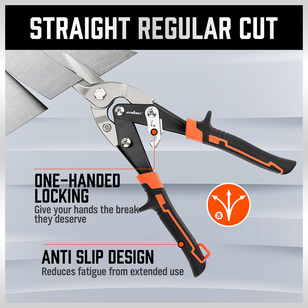 250mm heavy duty tin snips with serrated Cr-V blades, straight cut design, spring handle and metal safety lock