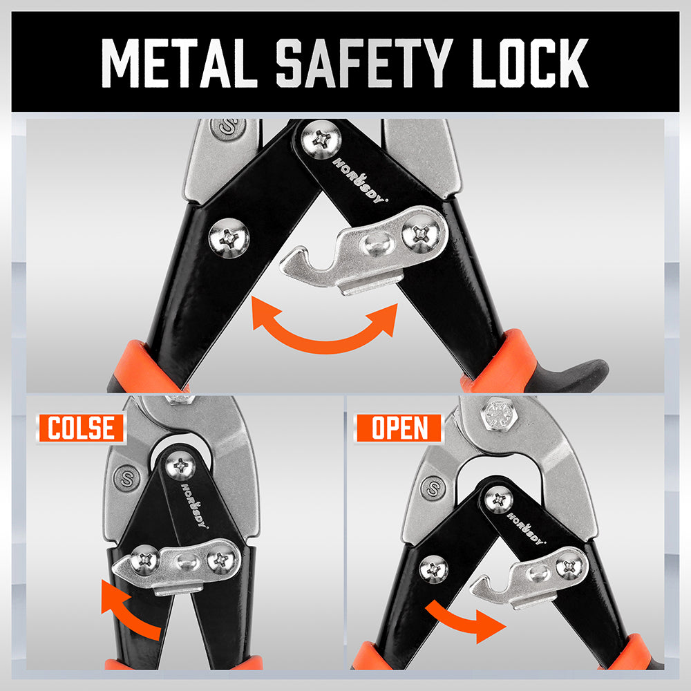 250mm heavy duty tin snips with serrated Cr-V blades, straight cut design, spring handle and metal safety lock
