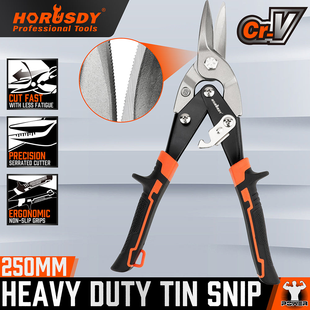 250mm heavy duty tin snips with serrated Cr-V blades, straight cut design, spring handle and metal safety lock