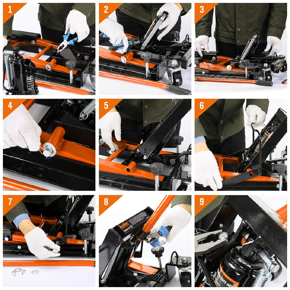 1500 LBS hydraulic motorcycle jack lift with 395mm max height, heavy duty steel construction, non-slip rubber pads, foot pedal, and swivel caster wheels.