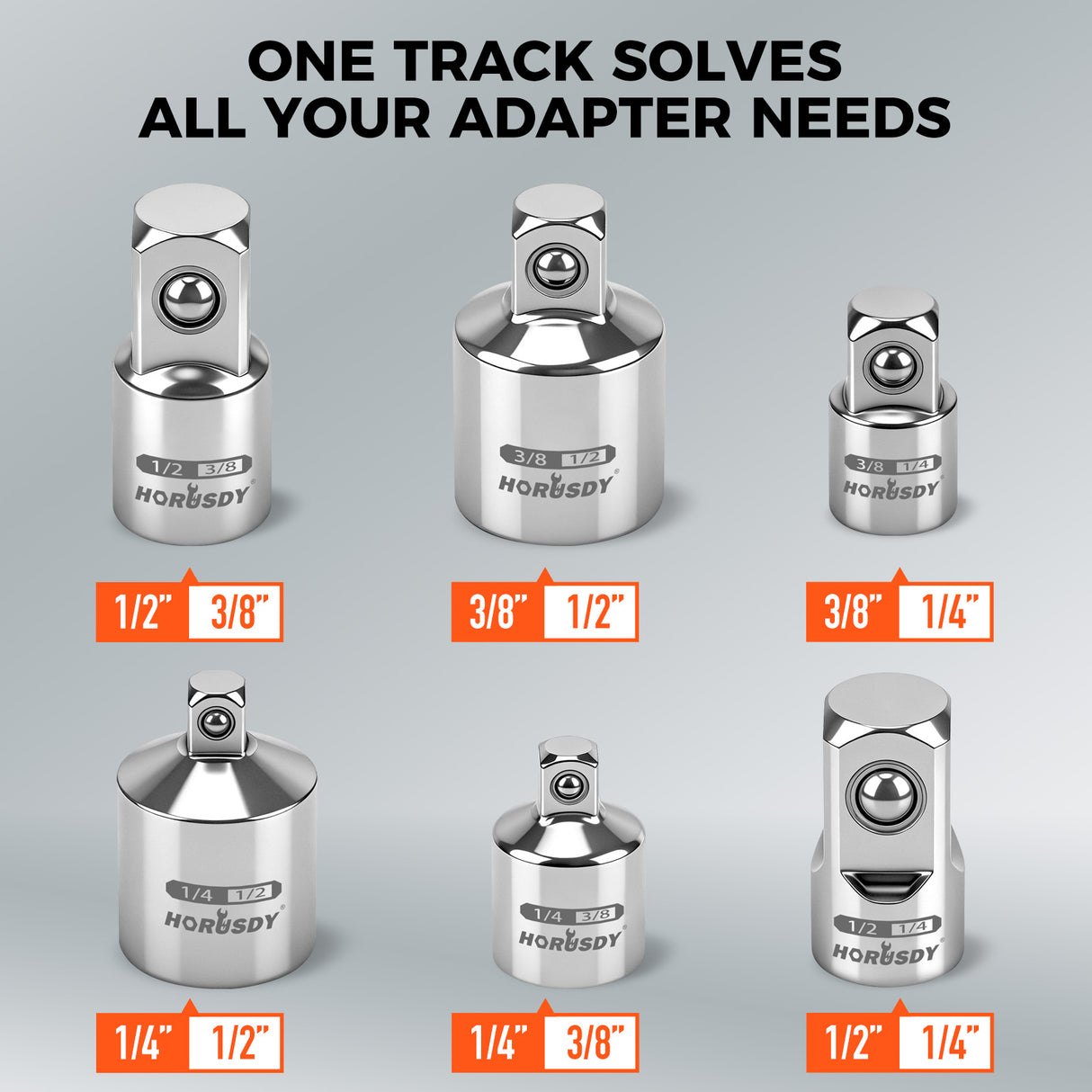 6-piece socket adapter and reducer set with magnetic rail, 1/4 3/8 1/2 inch drive adapters for ratchets and socket tools
