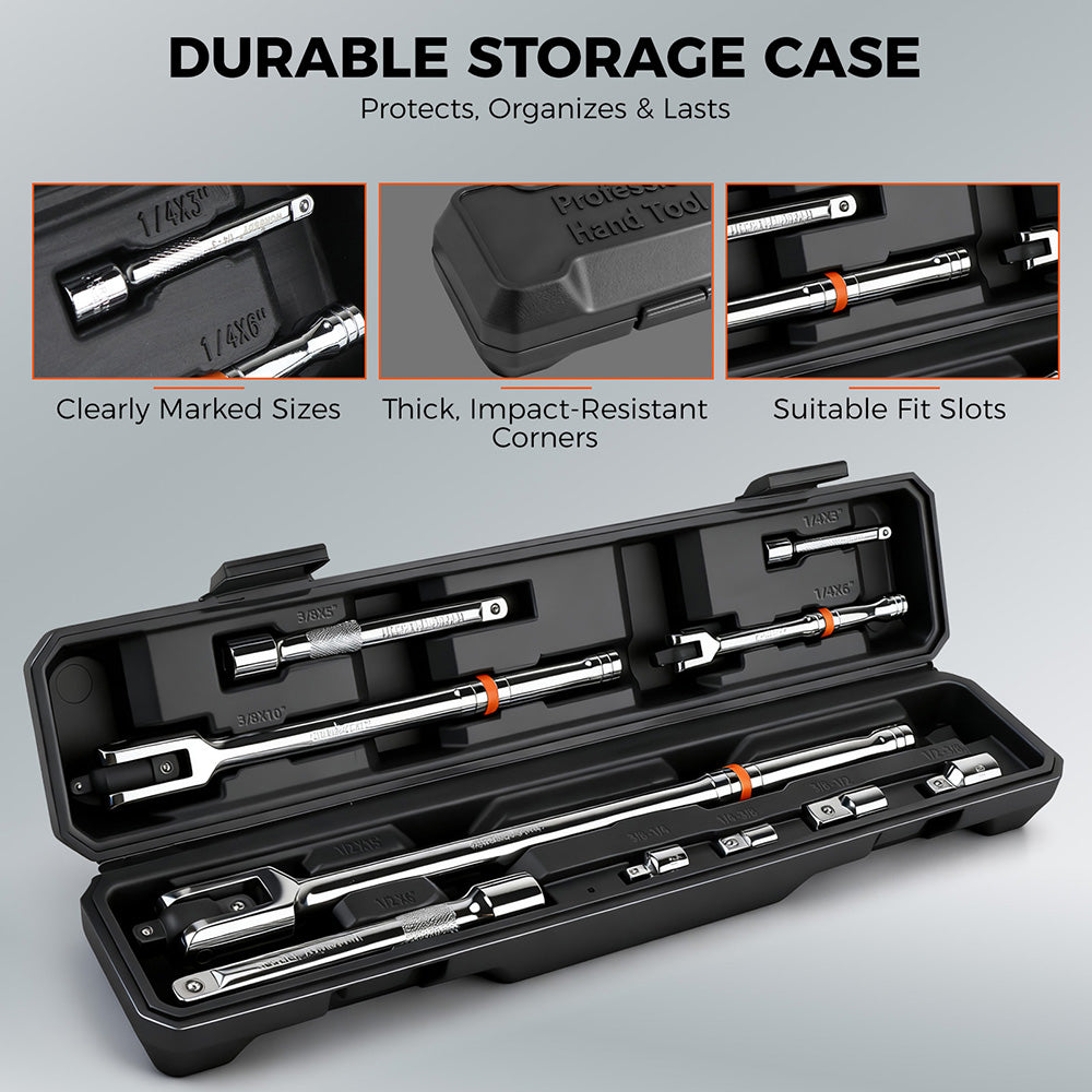 HORUSDY 10-piece dual drive breaker bar set with 360-degree flex head, extensions, adapters, and storage case