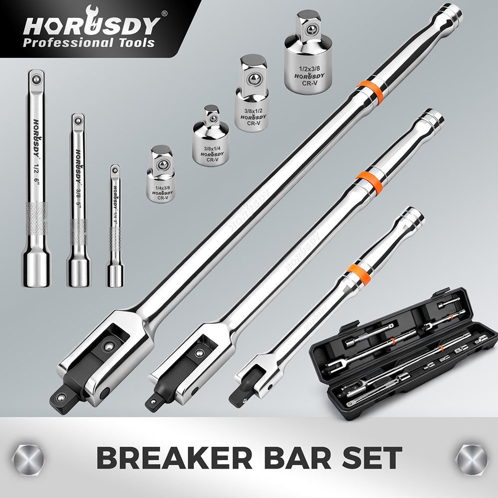 HORUSDY 10-piece dual drive breaker bar set with 360-degree flex head, extensions, adapters, and storage case