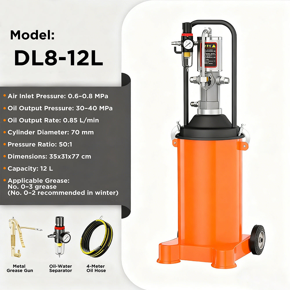12L pneumatic high pressure grease injector with air pump, pressure gauge, wheels and 4m hose