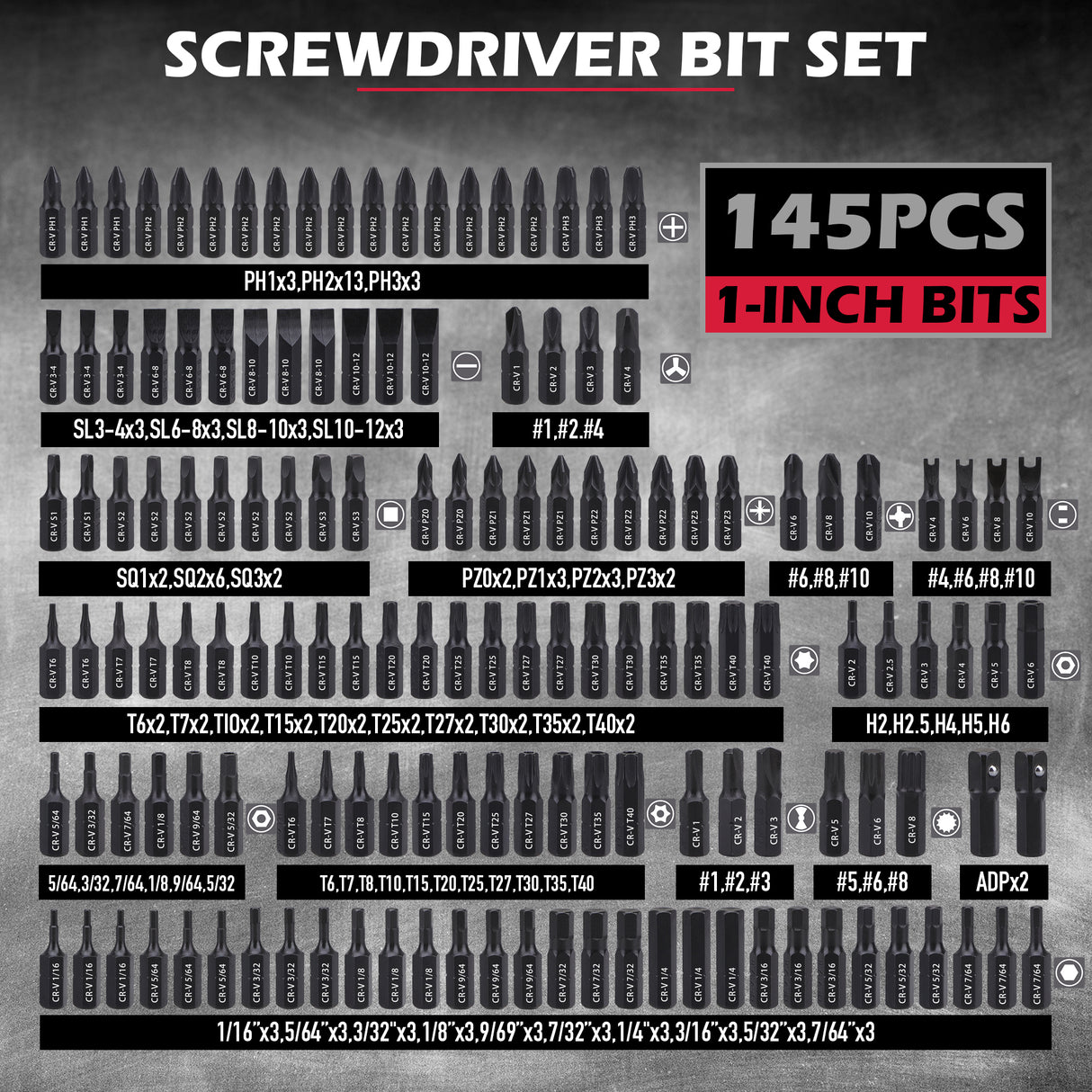 232-piece CR-V screwdriver bit set with security bits, SAE and metric nut drivers, ratchet wrench, magnetic bit holders, flexible shaft and red carry case
