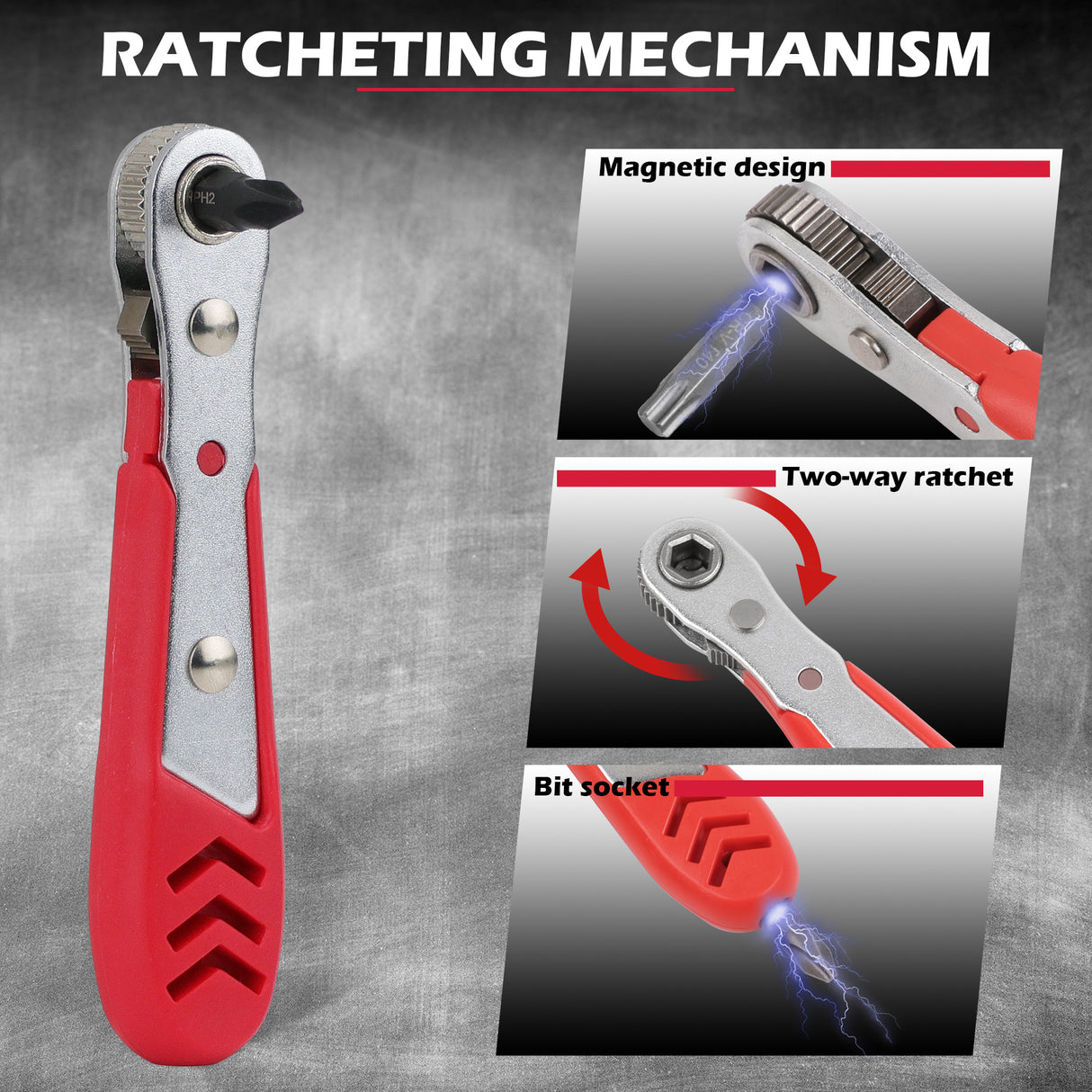 232-piece CR-V screwdriver bit set with security bits, SAE and metric nut drivers, ratchet wrench, magnetic bit holders, flexible shaft and red carry case