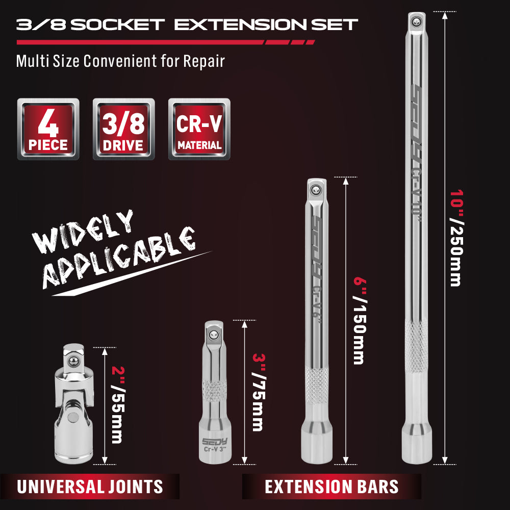 SEDY 3/8-inch socket extension bar set with universal joint for automotive and mechanical repair.