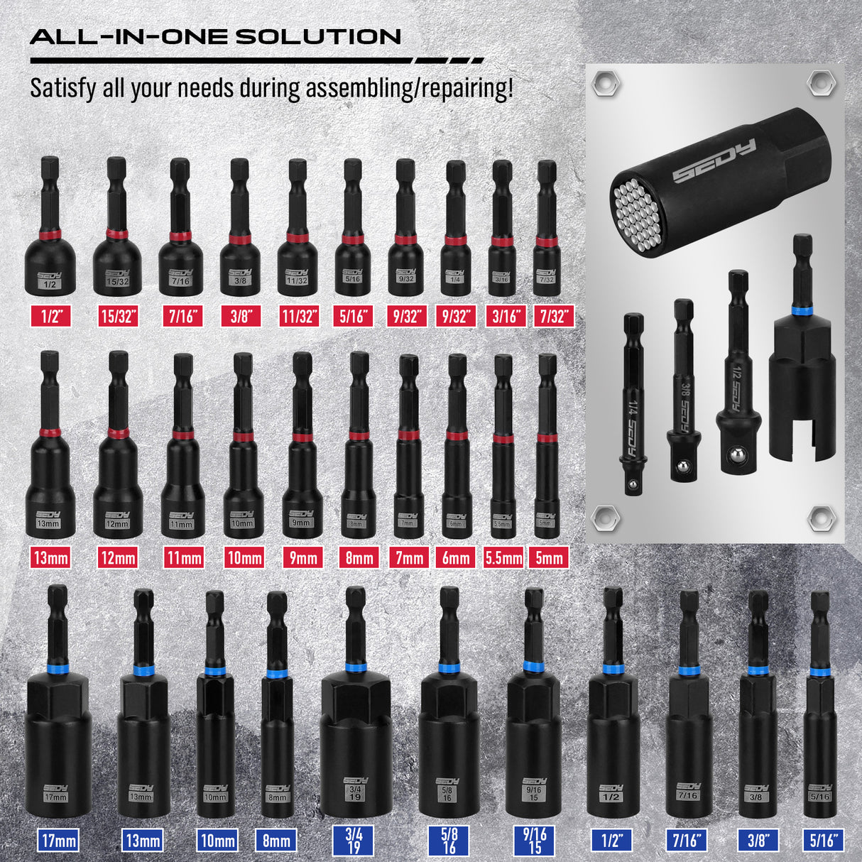 SEDY 80-piece magnetic nut driver bit set with SAE and metric sizes in storage case