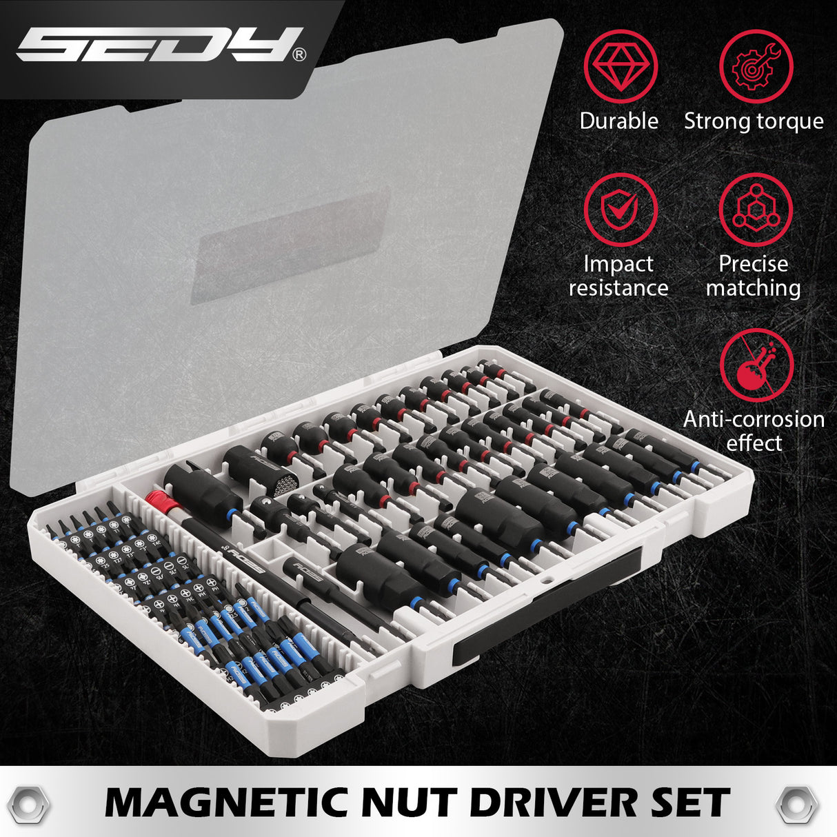 SEDY 80-piece magnetic nut driver bit set with SAE and metric sizes in storage case