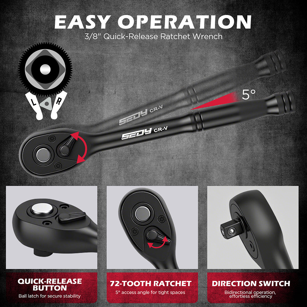 112PCS hex and Torx bit socket set with long-reach bits and 3/8 inch ratchet in red storage case