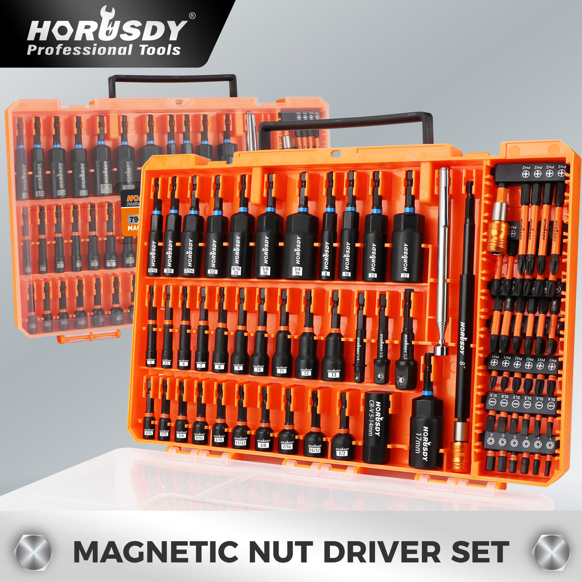 79-piece magnetic nut driver set with metric and SAE sockets, S2 screwdriver bits, CR-V steel sockets, bit extension and portable case