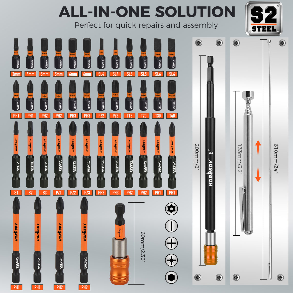 79-piece magnetic nut driver set with metric and SAE sockets, S2 screwdriver bits, CR-V steel sockets, bit extension and portable case