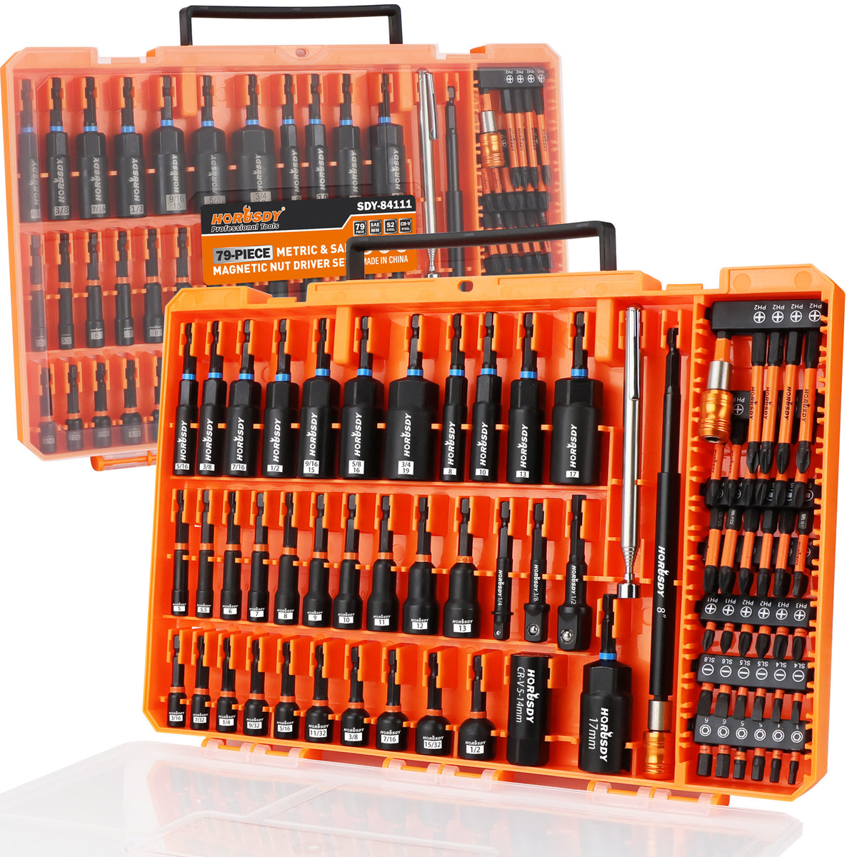 79-piece magnetic nut driver set with metric and SAE sockets, S2 screwdriver bits, CR-V steel sockets, bit extension and portable case