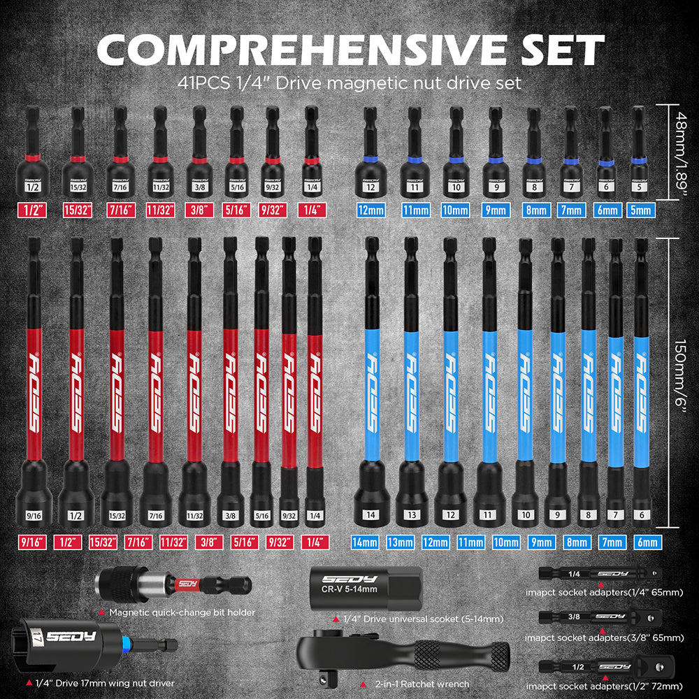 SEDY 41-piece 1/4-inch drive magnetic nut driver set with metric and SAE bits, strong magnetic tips, ratchet handle, and universal socket for versatile repair use.