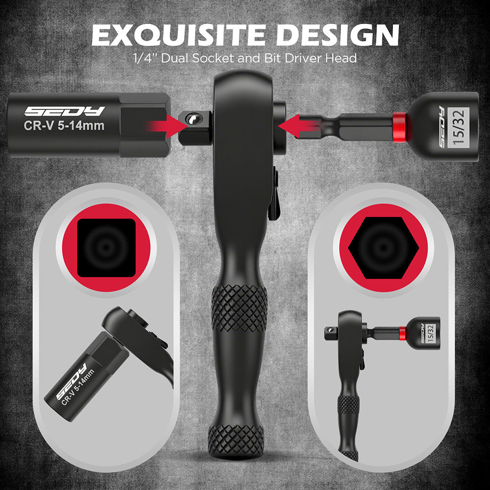 SEDY 41-piece 1/4-inch drive magnetic nut driver set with metric and SAE bits, strong magnetic tips, ratchet handle, and universal socket for versatile repair use.