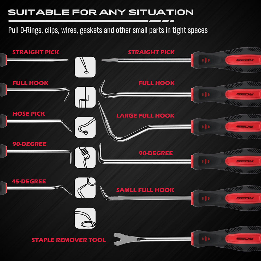 11-piece O-ring pick and hook set with CR-V hooks and red carry pouch