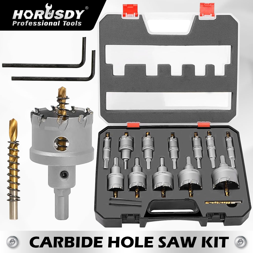 HORUSDY 12PCS Carbide Hole Saw Kit with Tungsten Carbide Tipped Drill Bits, Hex Keys, and Carrying Case for Cutting Steel, Iron, Copper, and Alloy