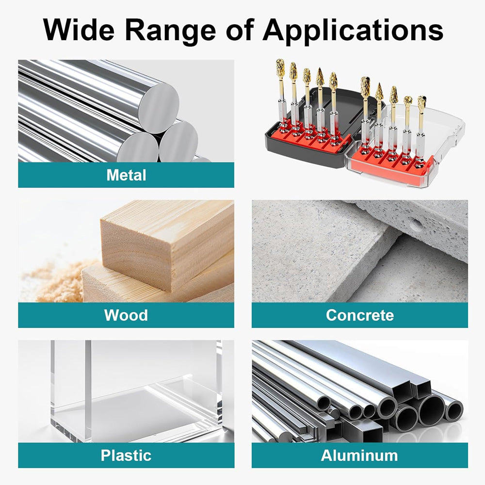 HORUSDY 10PCS 1/4 Inch Shank Double Cut Tungsten Carbide Burr Set with Storage Case for Metal, Wood, Plastic, Aluminum and Concrete