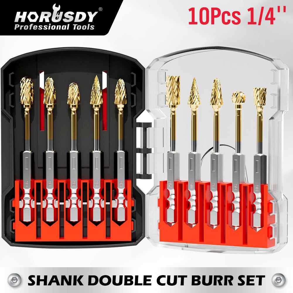 HORUSDY 10PCS 1/4 Inch Shank Double Cut Tungsten Carbide Burr Set with Storage Case for Metal, Wood, Plastic, Aluminum and Concrete
