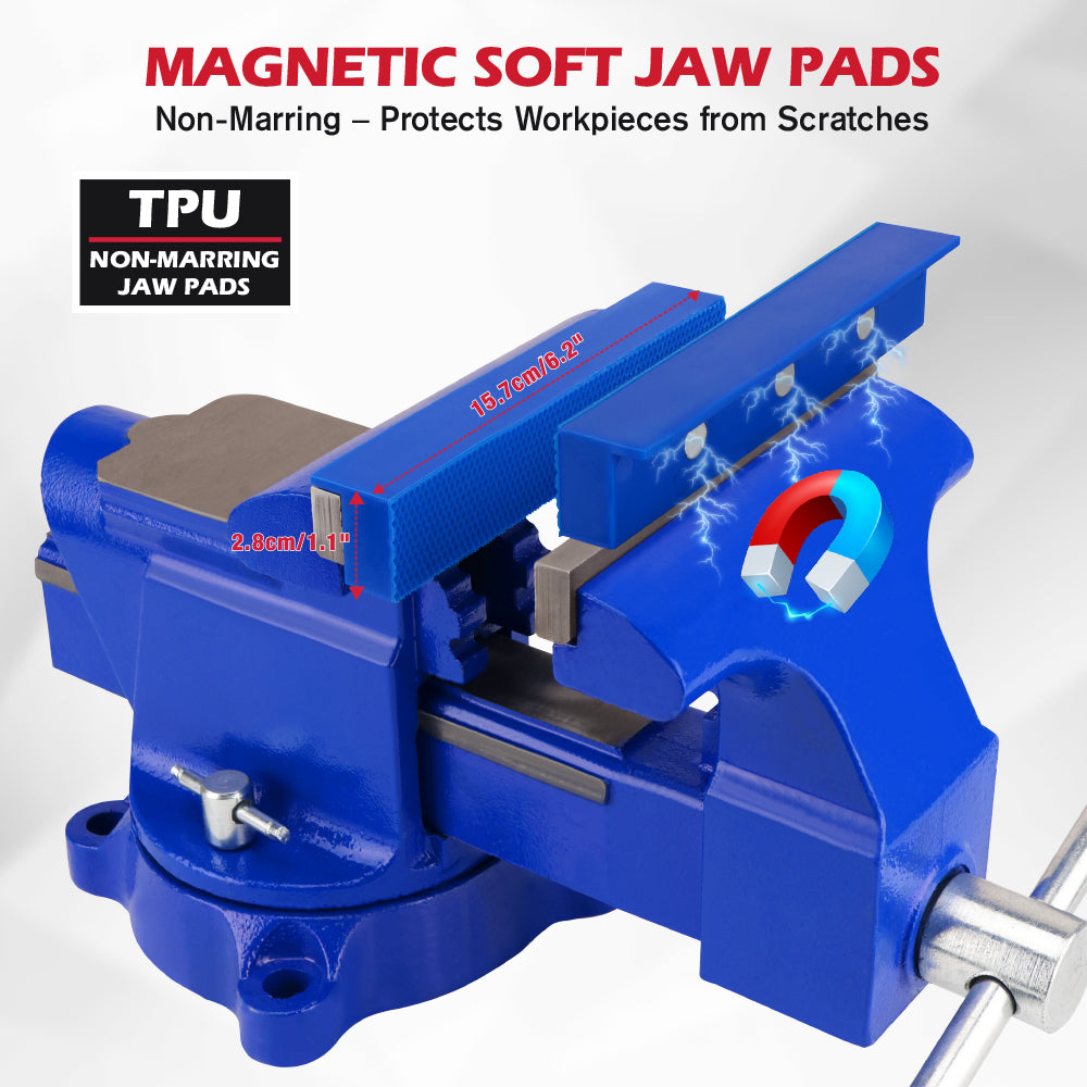 6 inch bench vise with swivel base 4500 lbs heavy duty cast iron vise with anvil and magnetic soft jaw pads