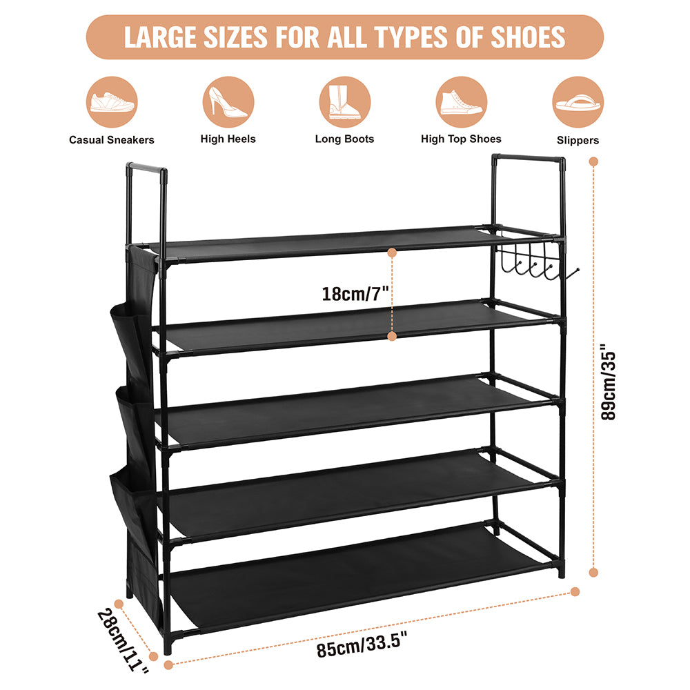 5-tier shoe rack with metal frame, fabric shelves, side pockets and hooks for entryway shoe storage