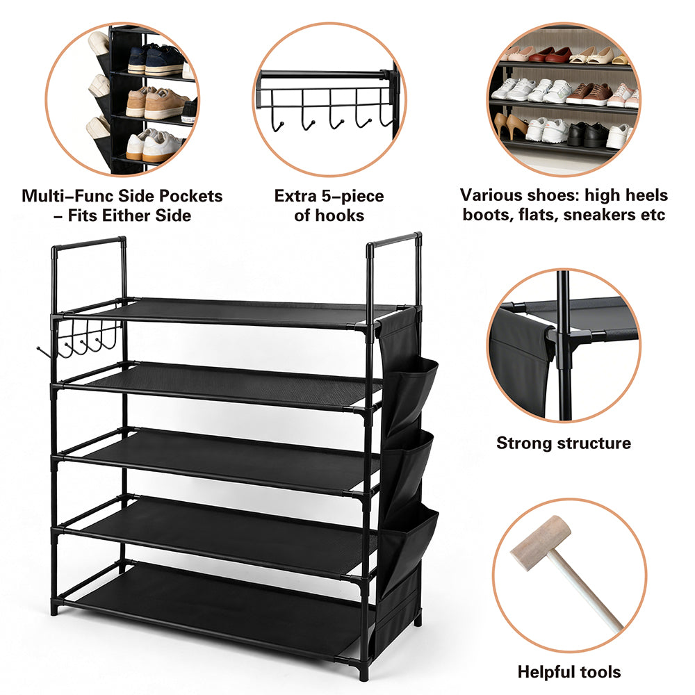 5-tier shoe rack with metal frame, fabric shelves, side pockets and hooks for entryway shoe storage