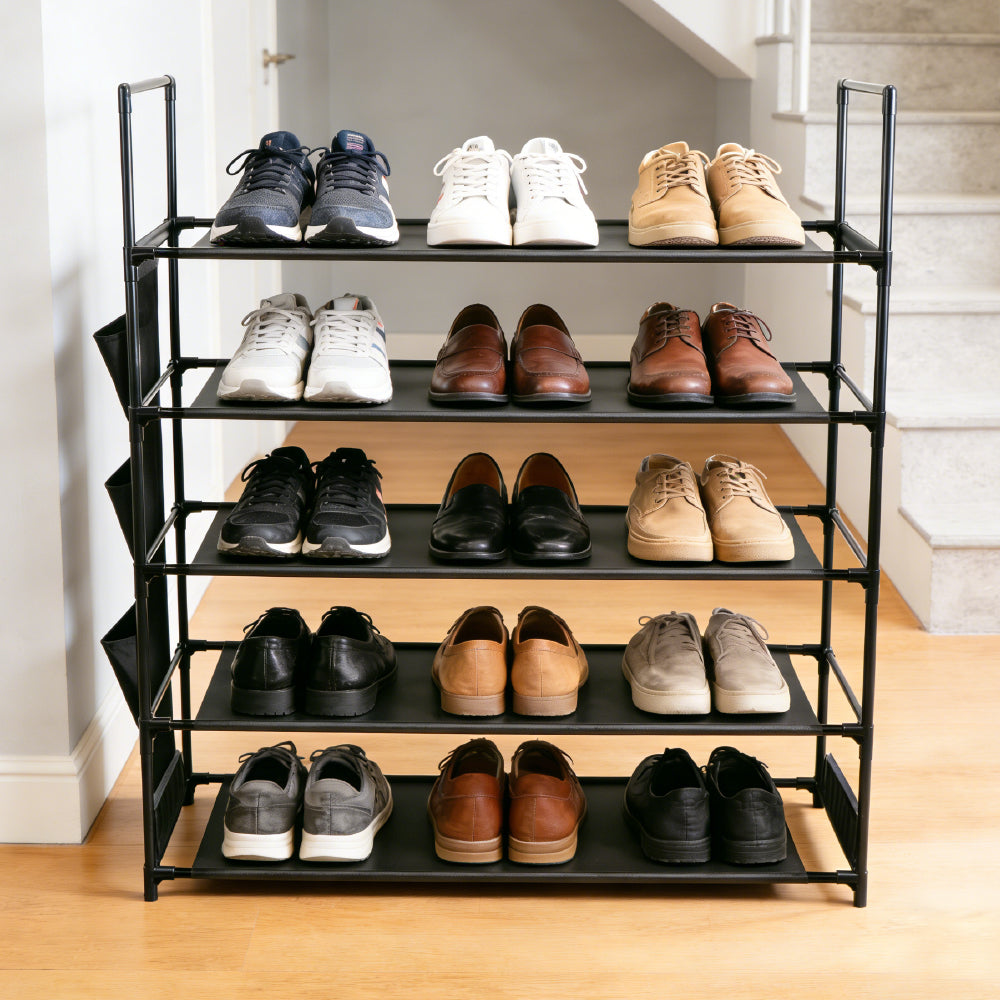 5-tier shoe rack with metal frame, fabric shelves, side pockets and hooks for entryway shoe storage