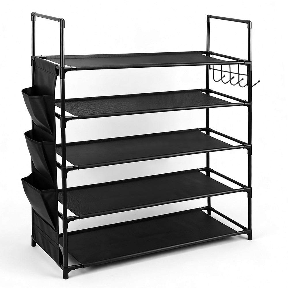 5-tier shoe rack with metal frame, fabric shelves, side pockets and hooks for entryway shoe storage
