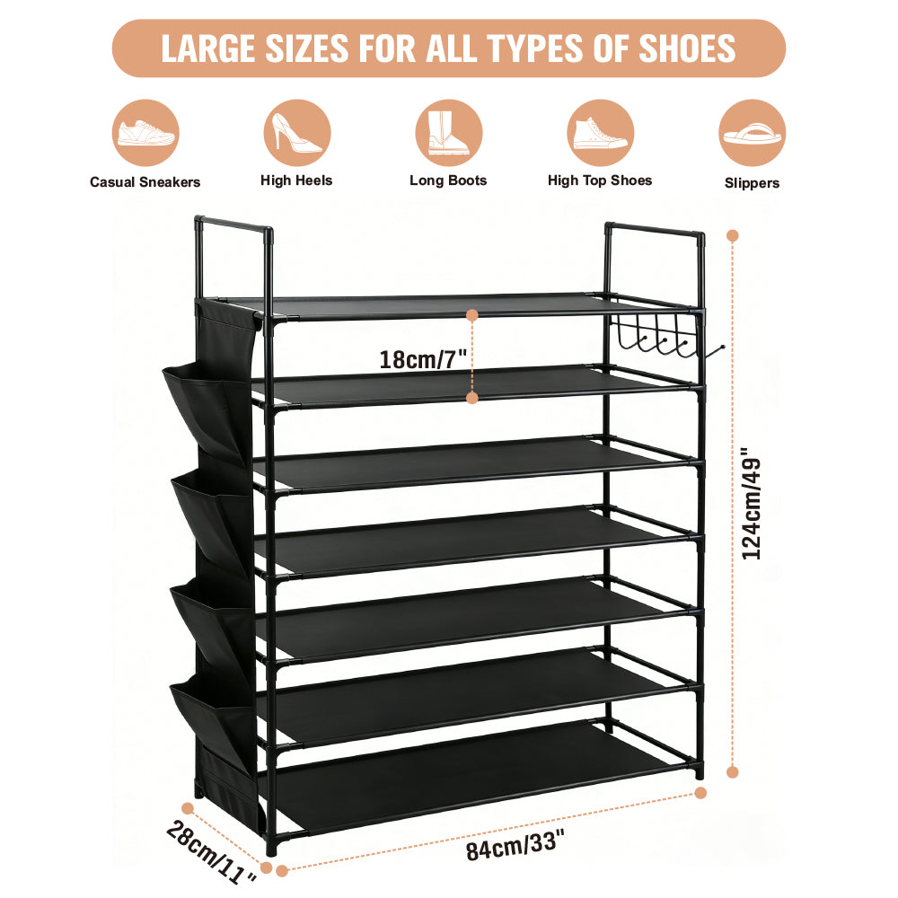 7-tier shoe rack with metal frame, fabric shelves, side pockets and hooks for vertical shoe storage