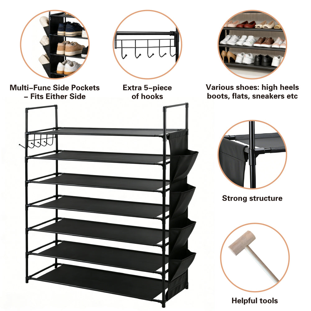7-tier shoe rack with metal frame, fabric shelves, side pockets and hooks for vertical shoe storage