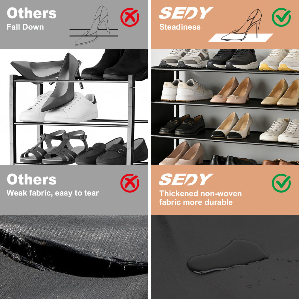 7-tier shoe rack with metal frame, fabric shelves, side pockets and hooks for vertical shoe storage