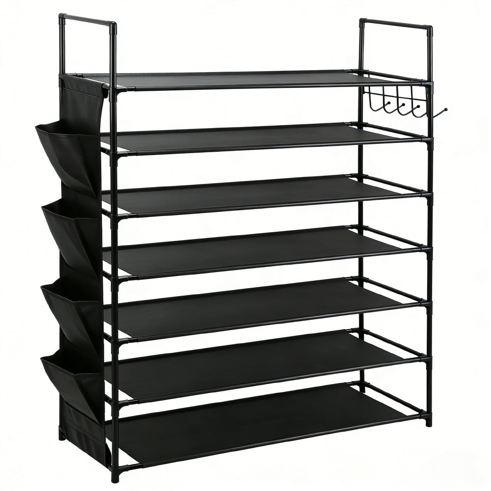 7-tier shoe rack with metal frame, fabric shelves, side pockets and hooks for vertical shoe storage