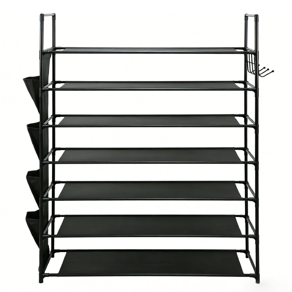 7-tier shoe rack with metal frame, fabric shelves, side pockets and hooks for vertical shoe storage