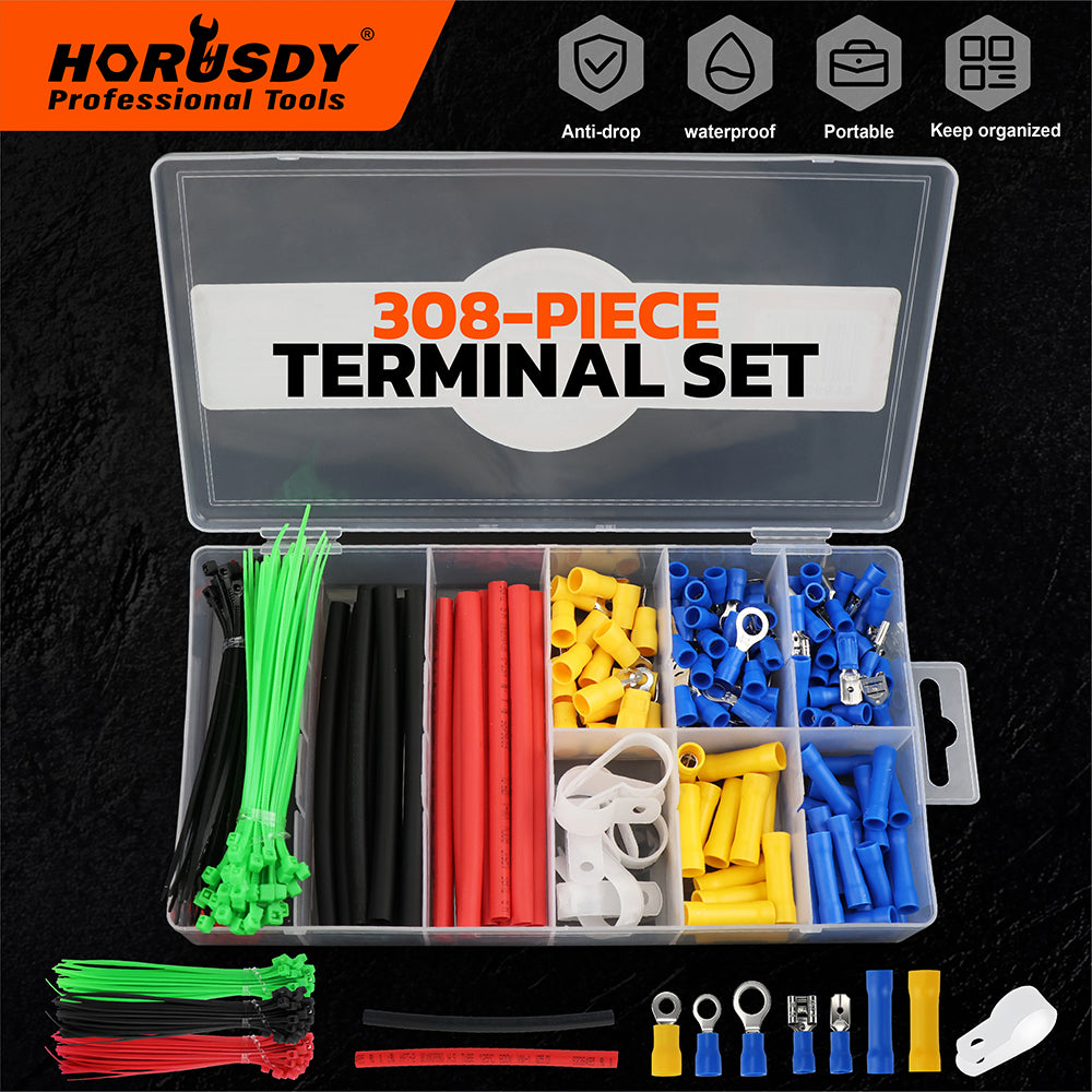 HORUSDY 308PCS electrical wire connector kit with crimp terminals heat shrink tubing cable ties and wire clamps for automotive wiring repair