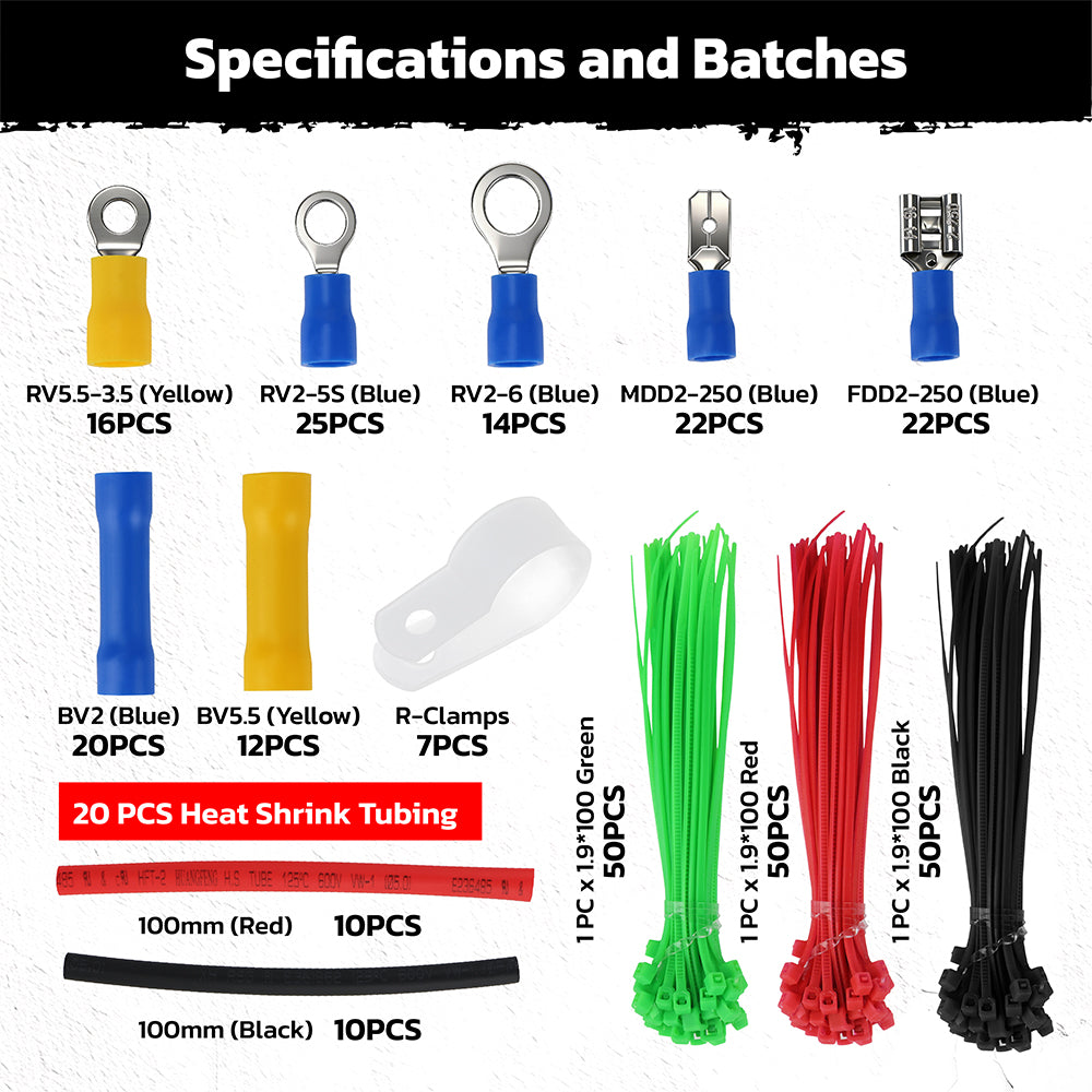 HORUSDY 308PCS electrical wire connector kit with crimp terminals heat shrink tubing cable ties and wire clamps for automotive wiring repair