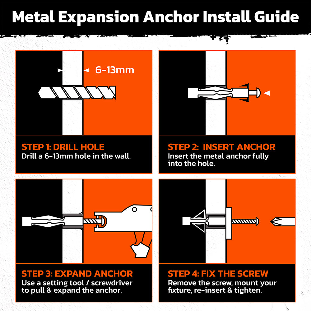 50-piece hollow wall anchor set with metal expansion anchors for drywall and plasterboard fixing