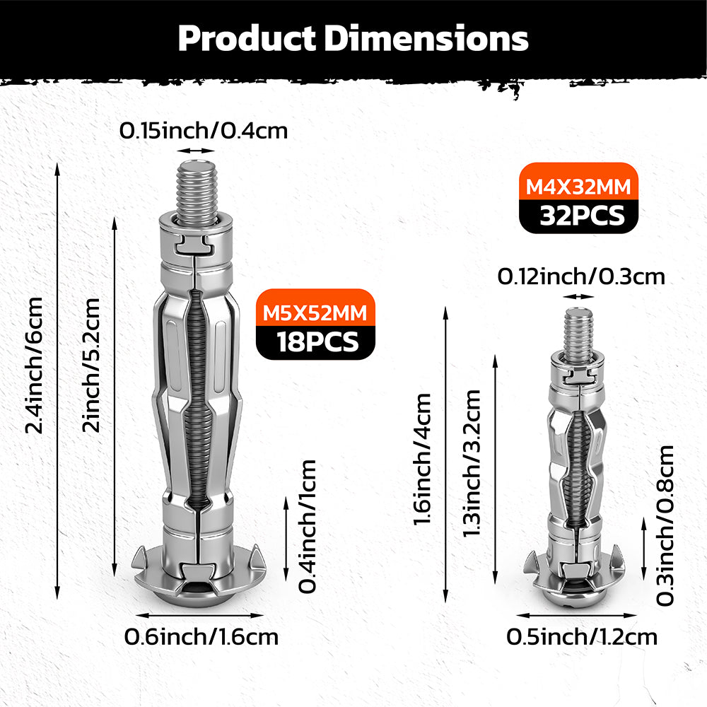 50-piece hollow wall anchor set with metal expansion anchors for drywall and plasterboard fixing