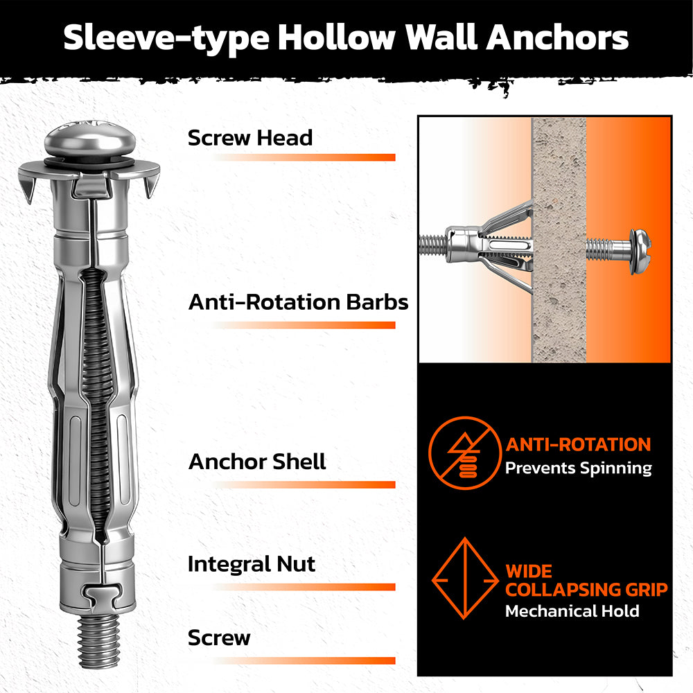 50-piece hollow wall anchor set with metal expansion anchors for drywall and plasterboard fixing