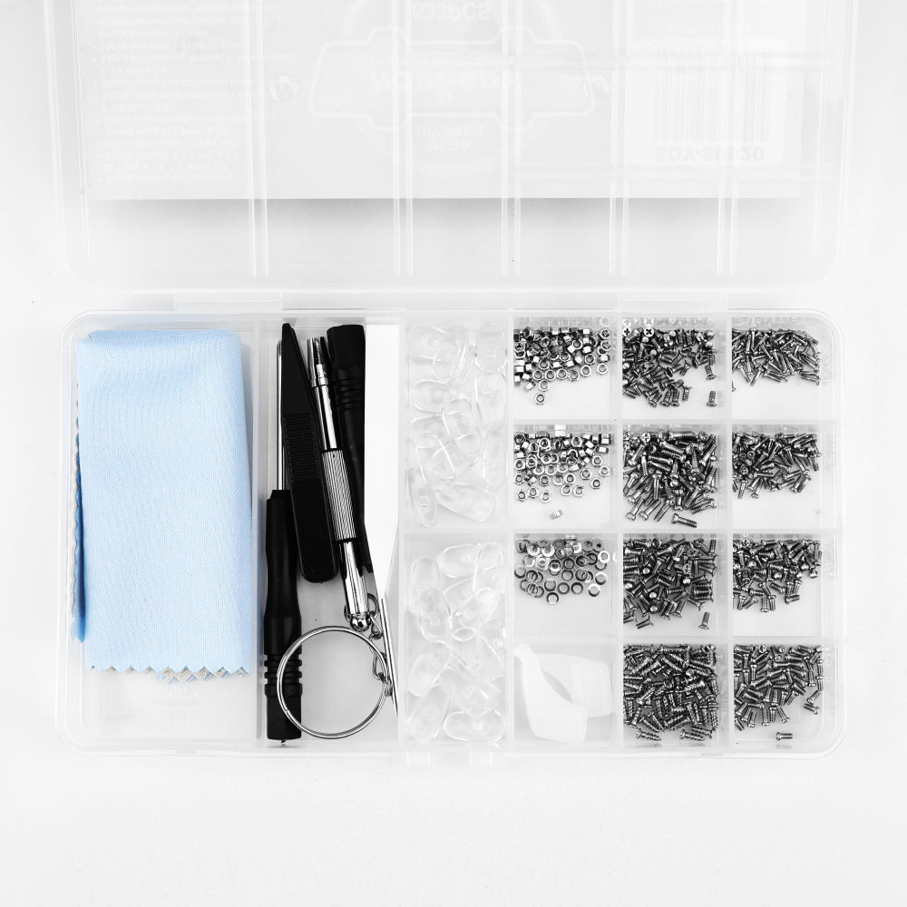 HORUSDY 633pcs eyeglasses repair kit with screws, nose pads, mini screwdrivers and tweezers for glasses and sunglasses repair